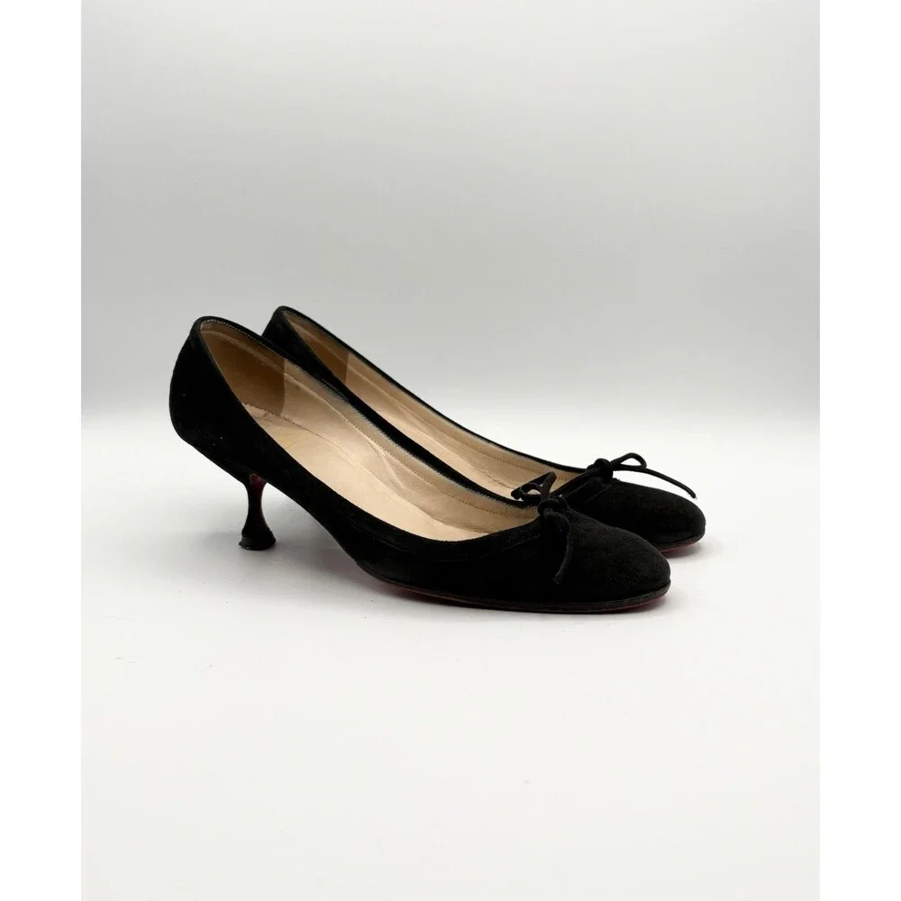 Christian Louboutin Black Suede Bow Accent Marcia Balla Kitten Heels Size EU 38